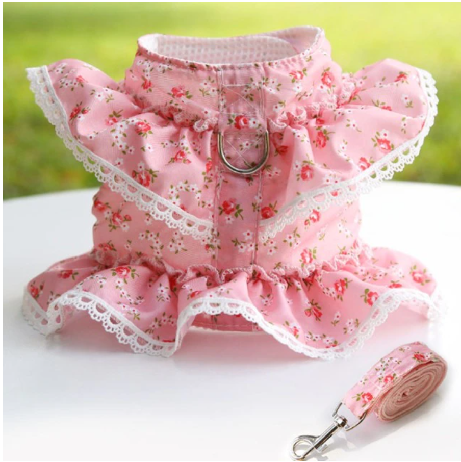 Ruffled Floral Printed Harness with Leash