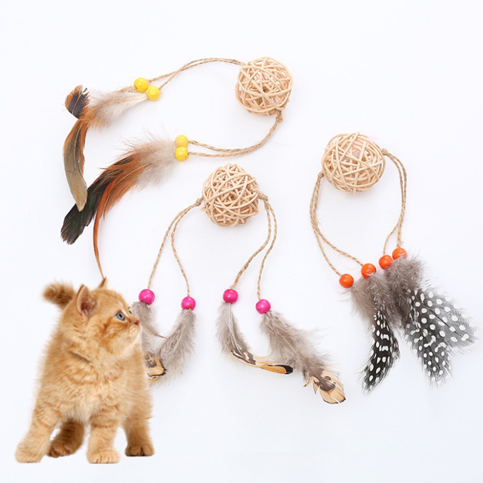Cat Toy Rattan Ball With Sword String Feather